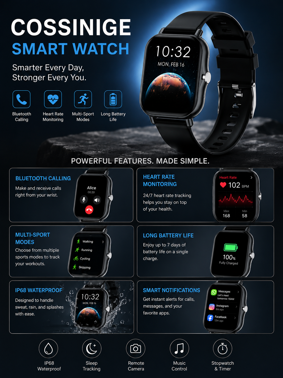 COSSINIGE Smart Watch – Bluetooth Calling & Fitness Tracker