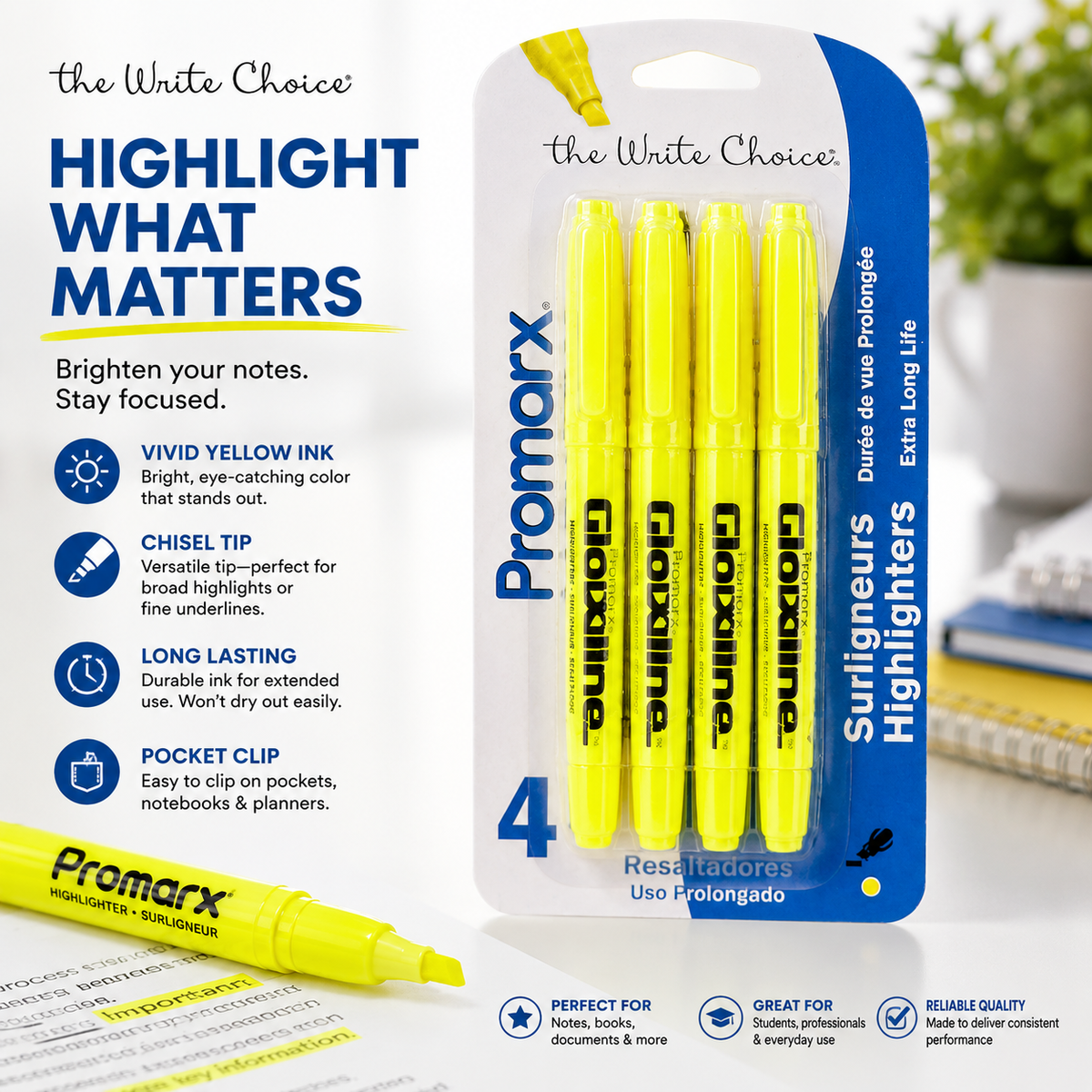 Promarx Yellow Highlighters – Chisel Tip, 4 Pack
