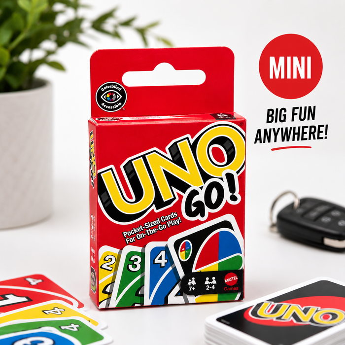 UNO GO! Mini Card Game – Pocket-Sized Travel Edition Family Card Game, Ages 7+, 2–4 Players