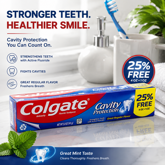 Colgate Cavity Protection Fluoride Toothpaste – Great Regular Flavor – 5 oz (25% Free Bonus Size)
