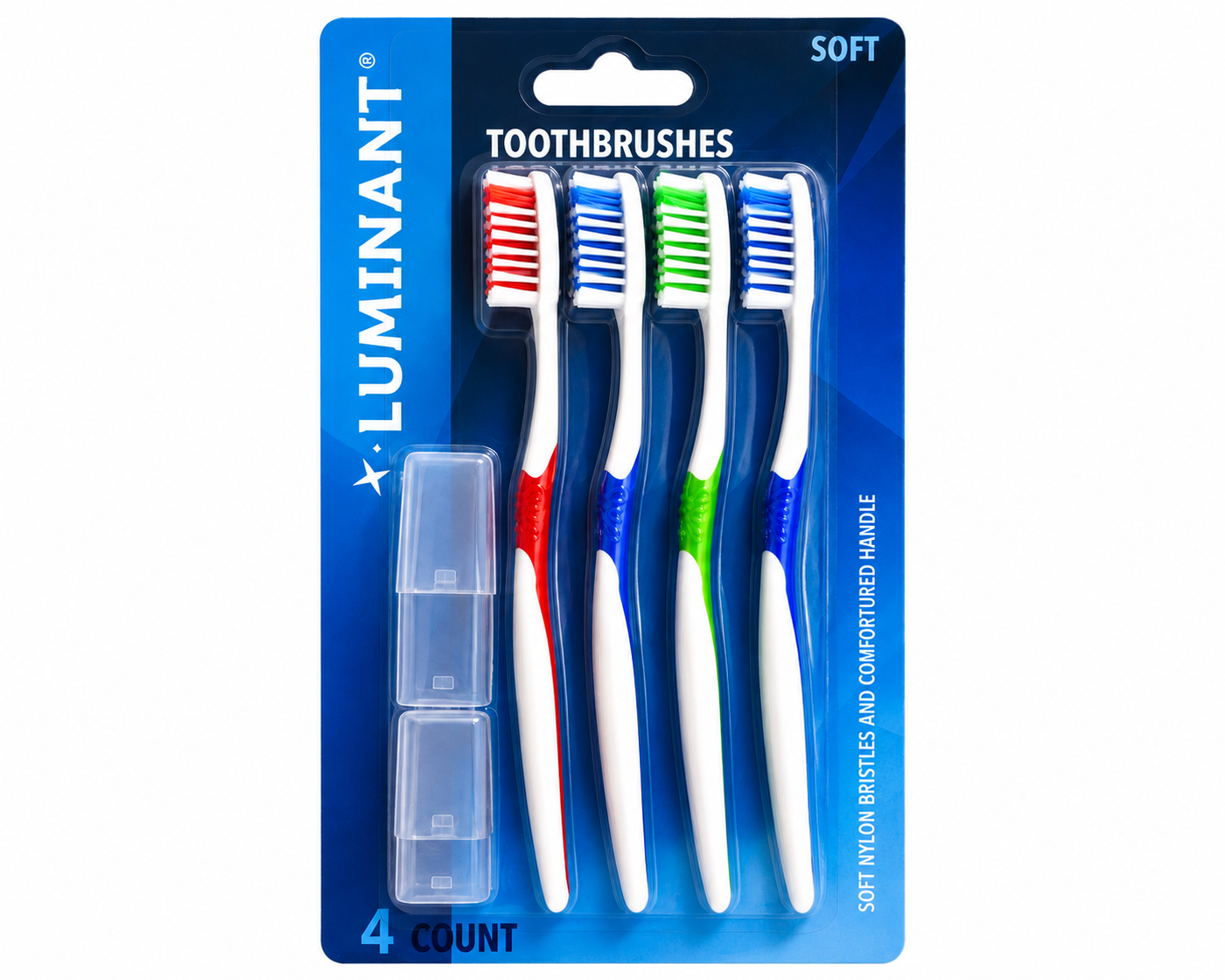 Luminant Soft Toothbrush Set – 4 Pack with 2 Protective Travel Covers – Soft Nylon Bristles