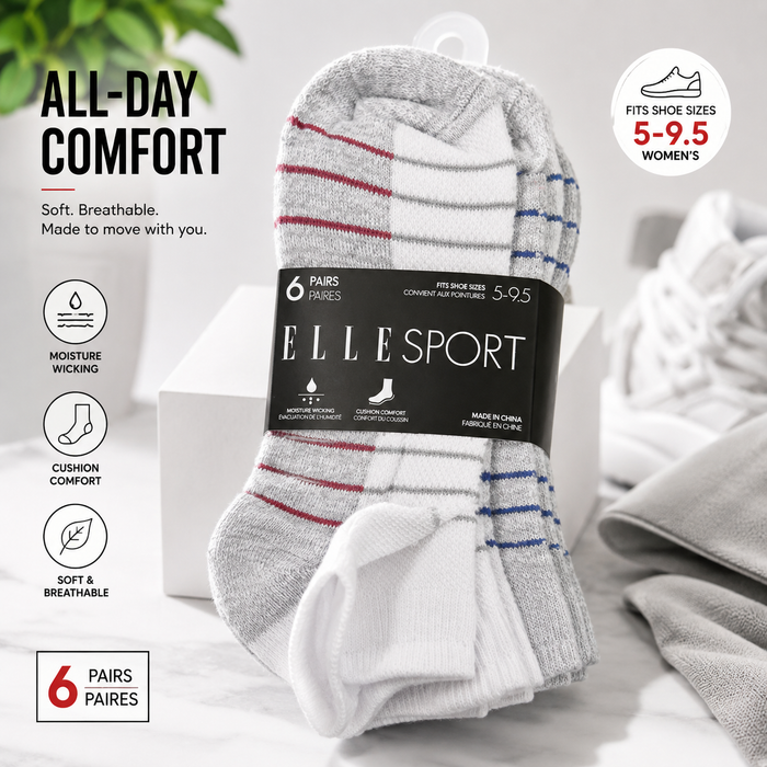ELLE SPORT Women's Low Cut Athletic Socks – 6 Pair Pack – Moisture Wicking & Cushioned Comfort – Sizes 5–9.5