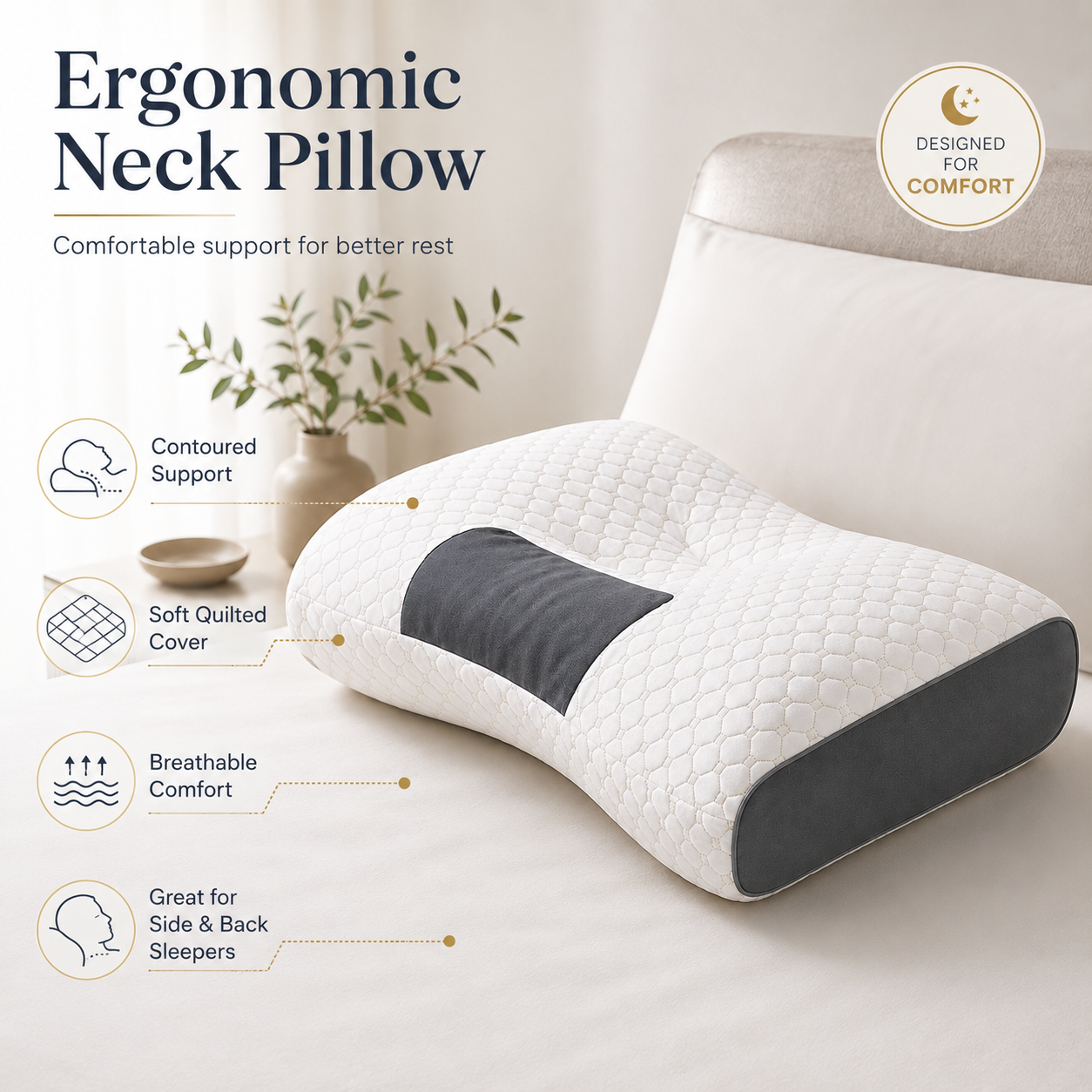 Ergonomic Contoured Neck Pillow with Soft Quilted Cover – Cervical Support for Side & Back Sleepers