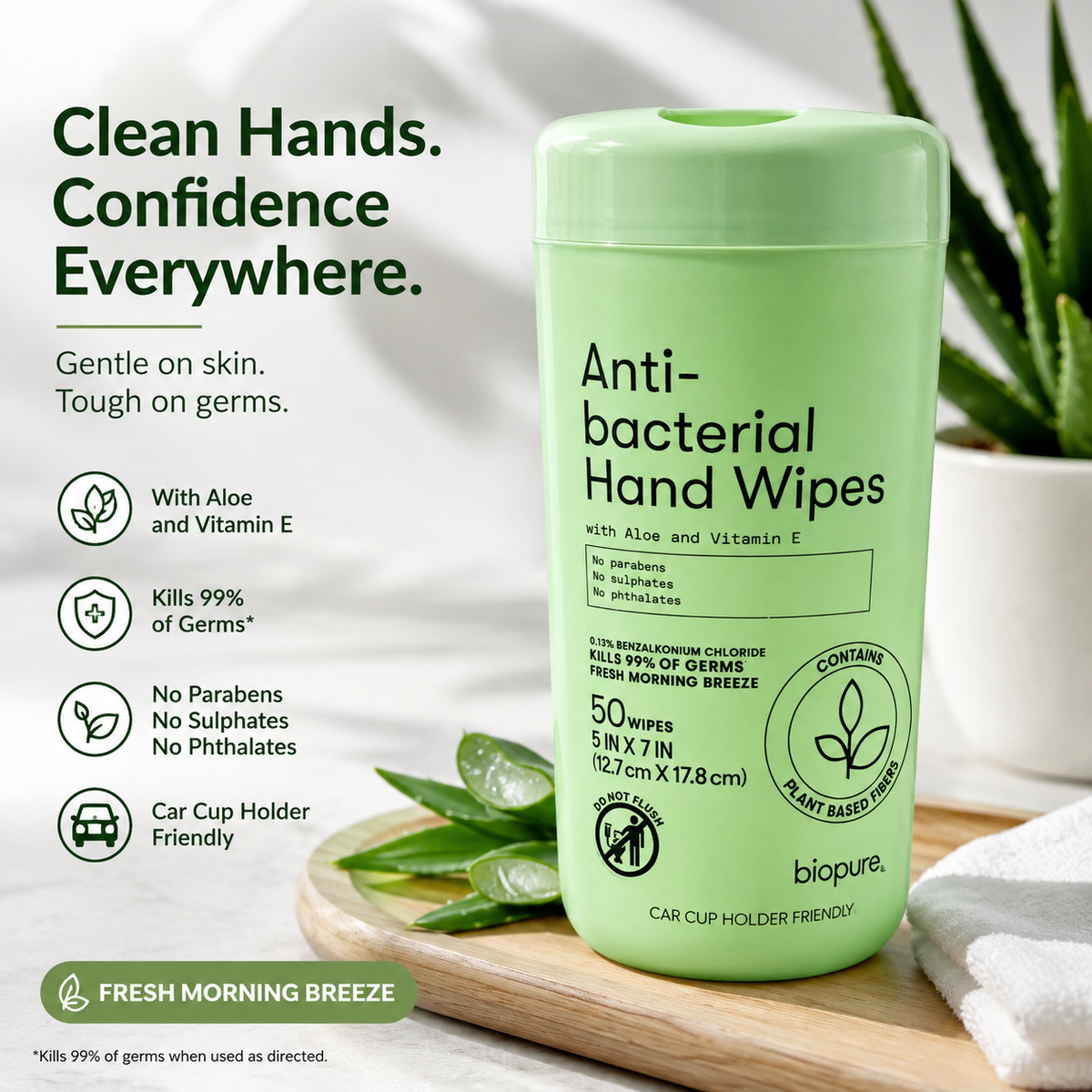 Biopure Antibacterial Hand Wipes with Aloe & Vitamin E – 50 Fresh Morning Breeze Wipes – Car Cup Holder Friendly