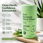 Biopure Antibacterial Hand Wipes with Aloe & Vitamin E – 50 Fresh Morning Breeze Wipes – Car Cup Holder Friendly