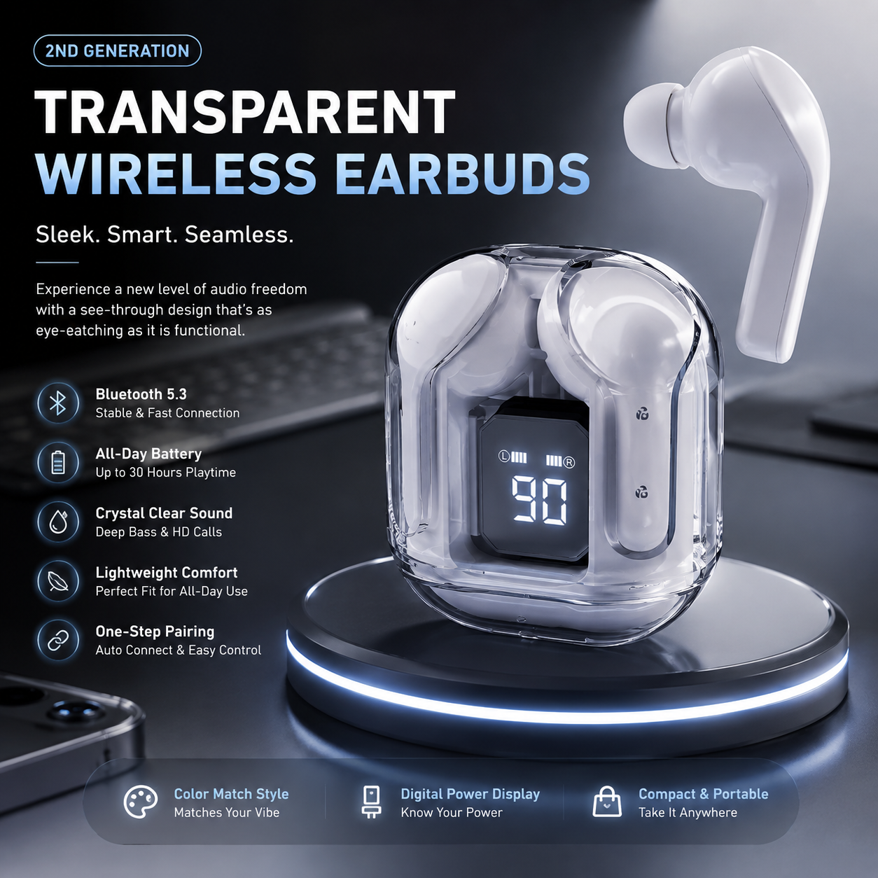 2nd Generation Transparent Wireless Earbuds with Digital Battery Display