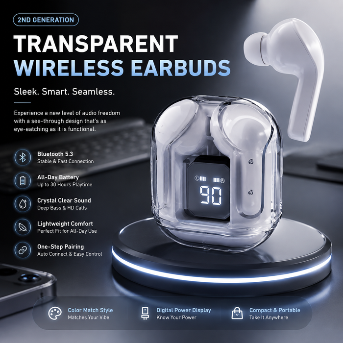 2nd Generation Transparent Wireless Earbuds with Digital Battery Display