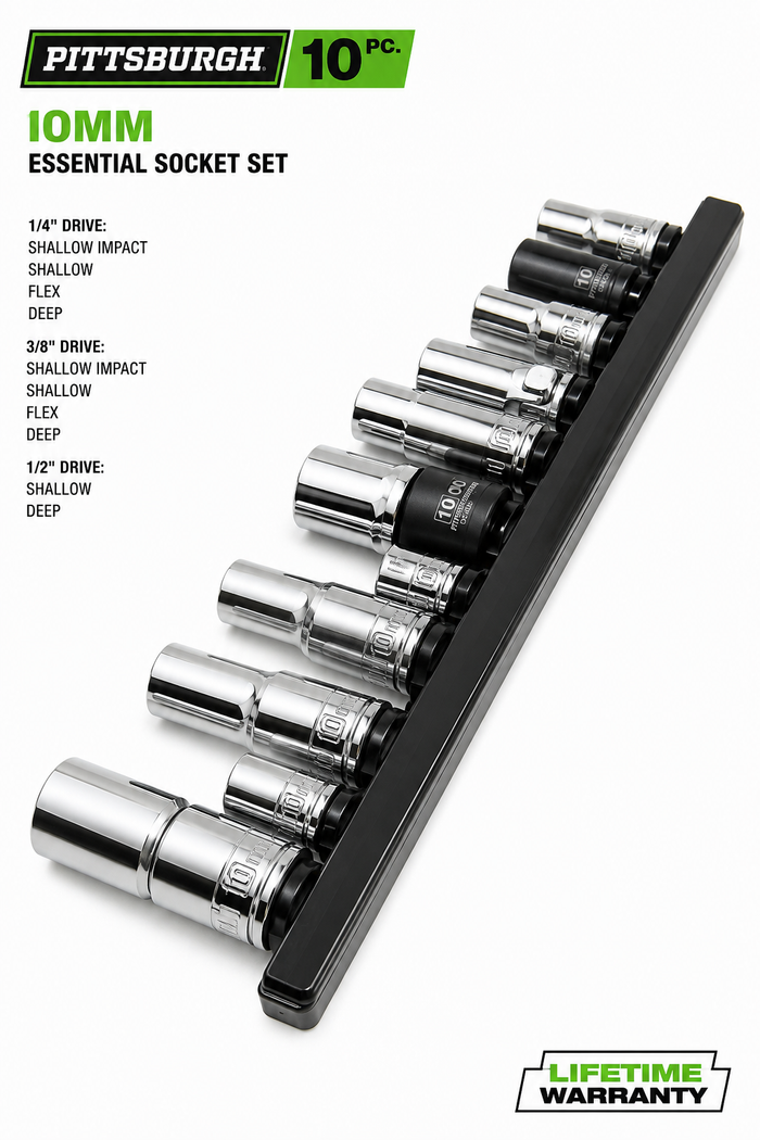 Pittsburgh 10-Piece 10mm Essential Socket Set – 1/4", 3/8" & 1/2" Drive