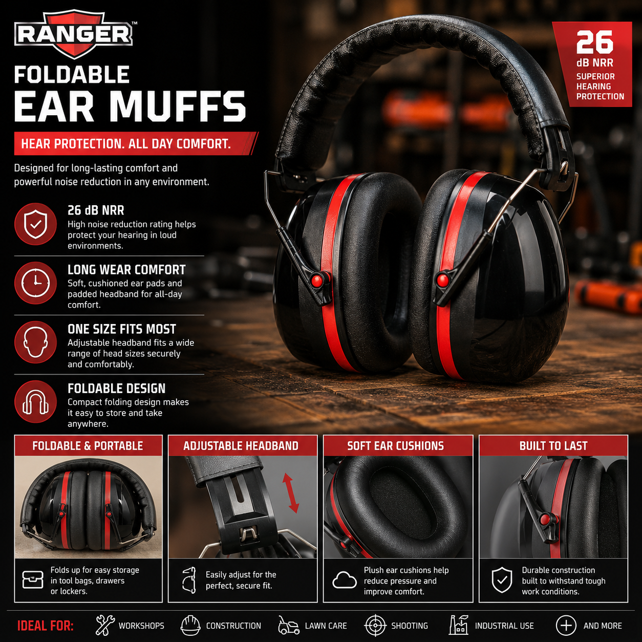 RANGER Foldable Ear Muffs – 26 dB NRR Hearing Protection with Adjustable Headband