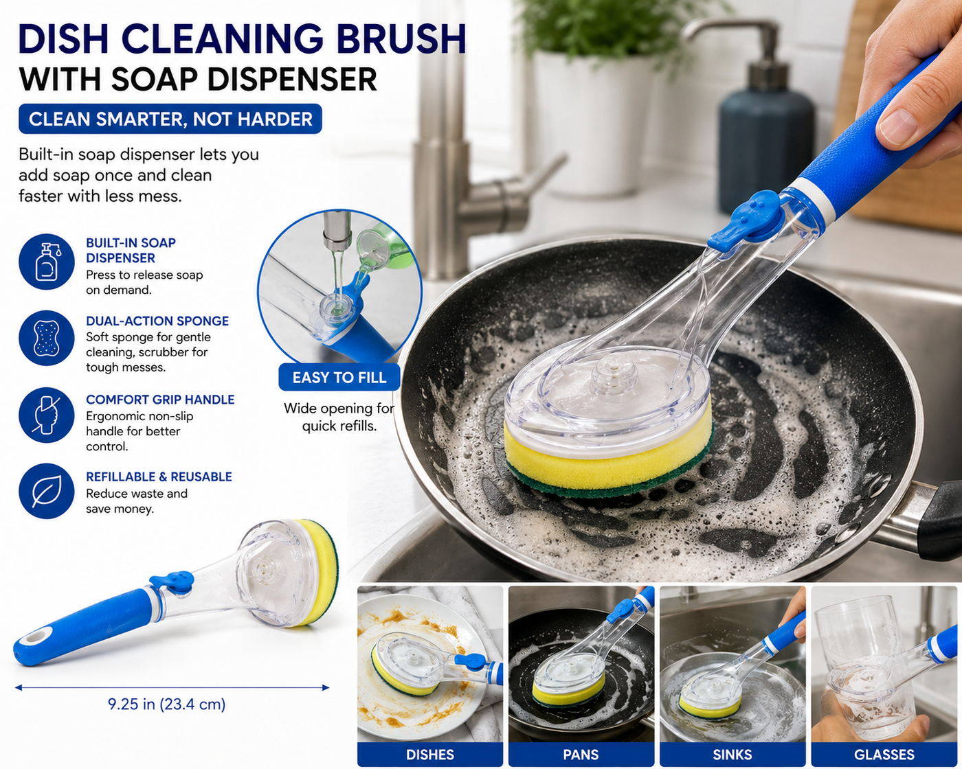 Soap Dispensing Dish Brush with Refillable Handle – Built-In Soap Dispenser Kitchen Scrubber Sponge for Dishes, Pots & Pans