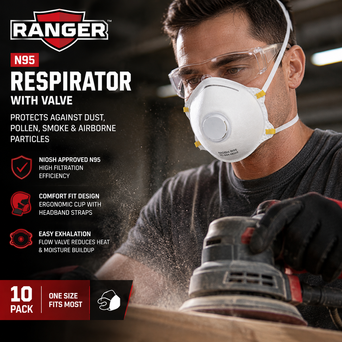 Ranger N95 Respirator Masks with Valve – 10 Pack
