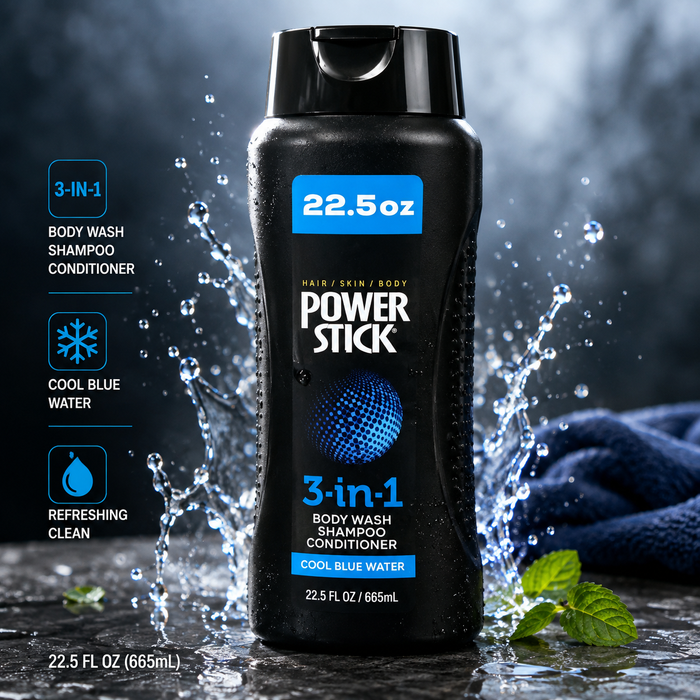 Power Stick 3-in-1 Body Wash, Shampoo & Conditioner – Cool Blue Water – 22.5 fl oz