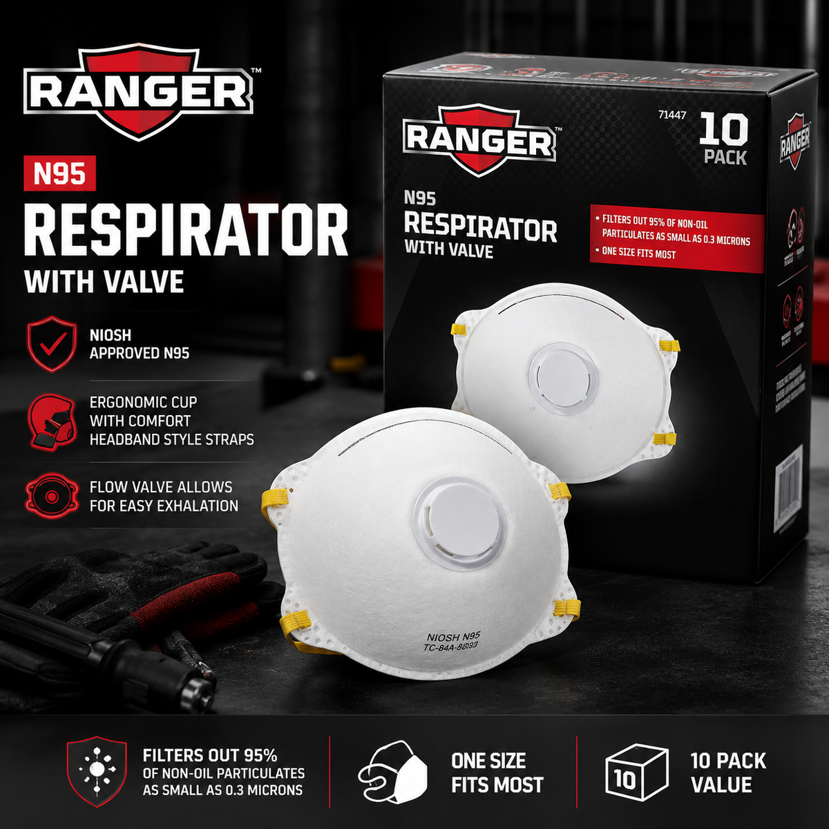 Ranger N95 Respirator Masks with Valve – 10 Pack