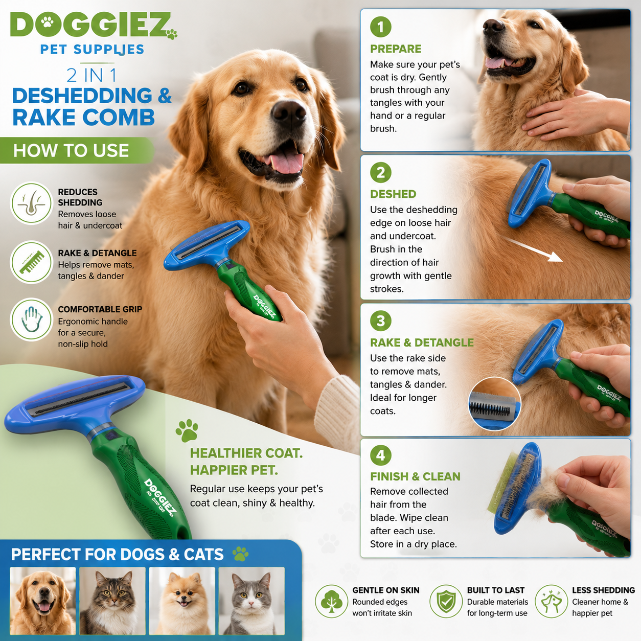 Shedding rake comb for dogs