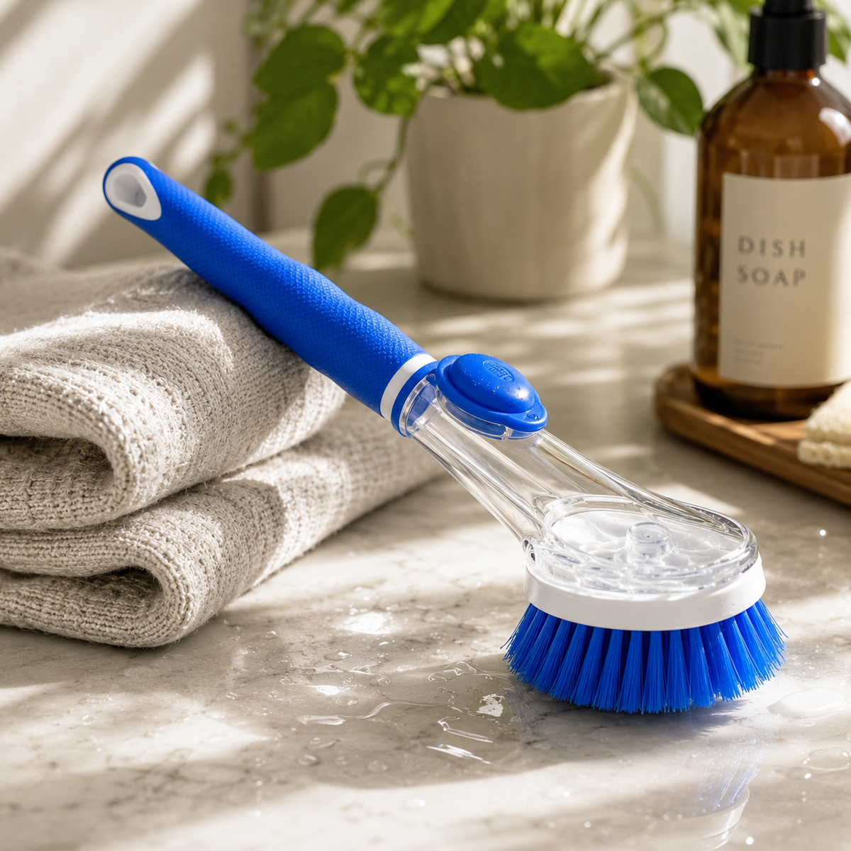 Soap Dispensing Dish Brush with Built-In Soap Reservoir – Non-Slip Handle, Stiff Bristles for Pots, Pans & Dishes