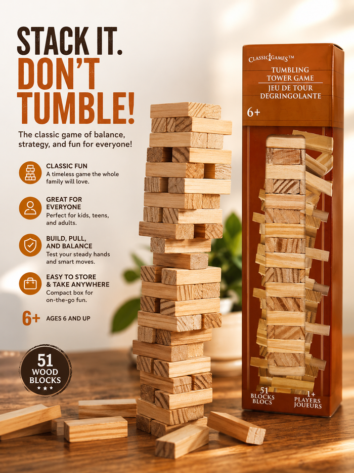 Mini Tumbling Tower Game – 51 Wooden Blocks Travel Size Stacking Game for Kids & Family Game Night