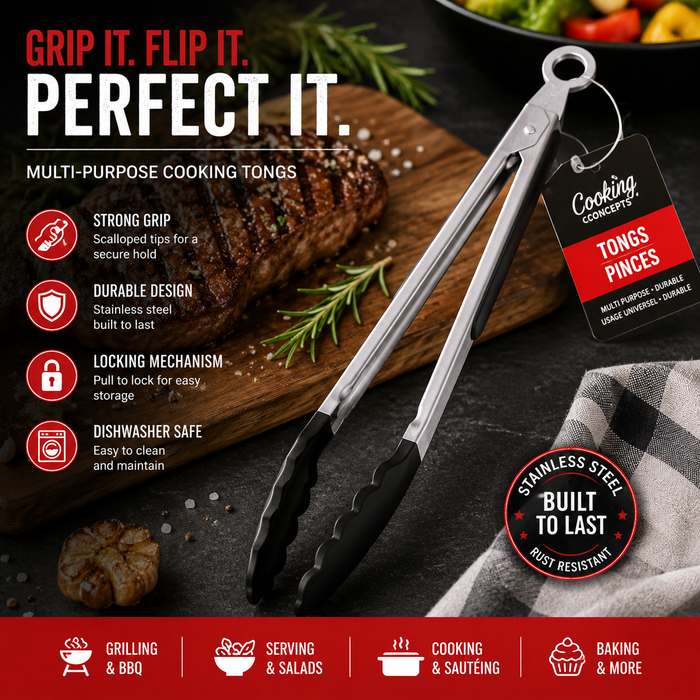 Stainless Steel Kitchen Tongs with Locking Handle – 11.5"
