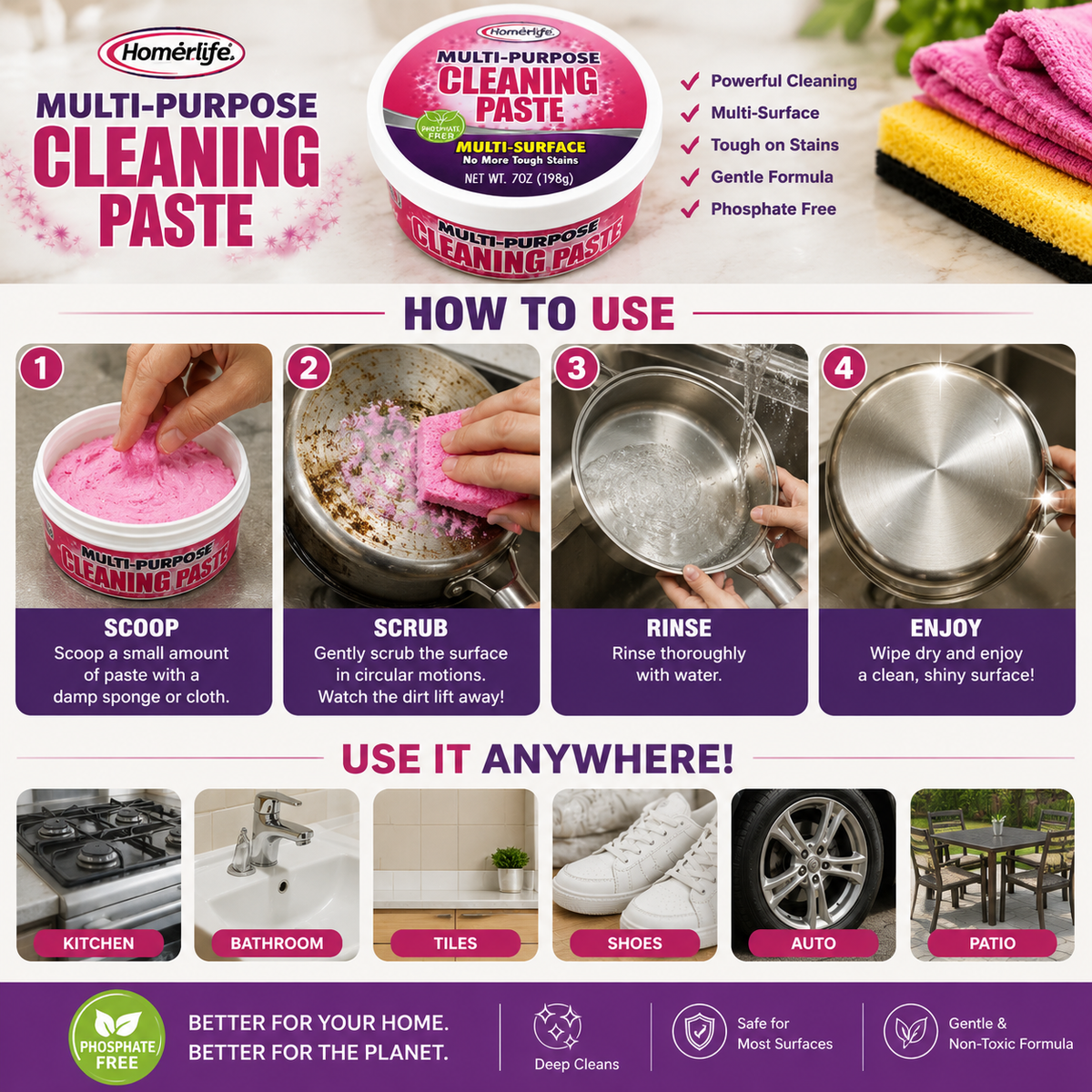 Multi-Purpose Cleaning Paste – Tough Stain & Multi-Surface Cleaner, 7 oz