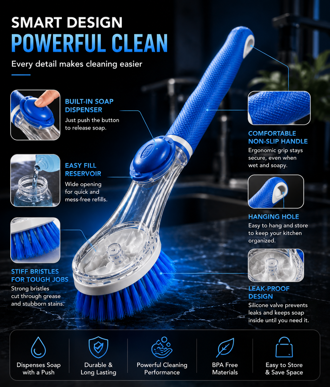 Soap Dispensing Dish Brush with Built-In Soap Reservoir – Non-Slip Handle, Stiff Bristles for Pots, Pans & Dishes