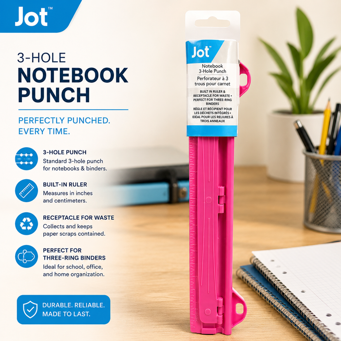 Jot 3-Hole Notebook Punch with Built-In Ruler – Pink