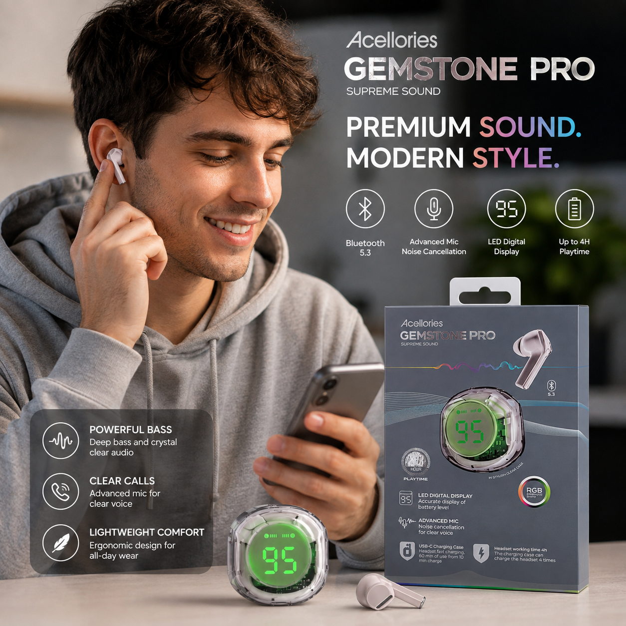 Acellories GEMSTONE PRO True Wireless Earbuds – Bluetooth 5.3 with LED Digital Display & RGB Charging Case