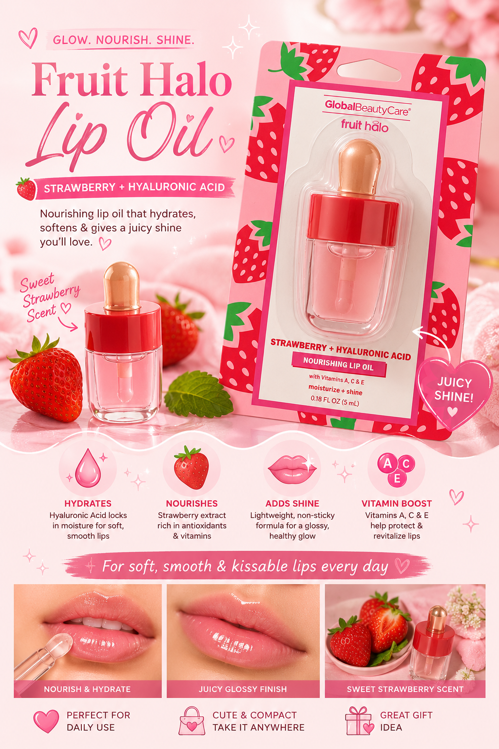 Global Beauty Care Fruit Halo Strawberry Nourishing Lip Oil with Hyaluronic Acid – 0.18 fl oz
