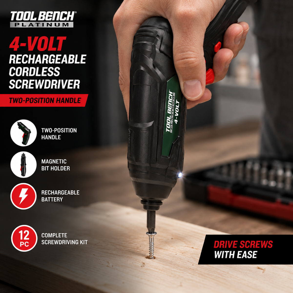 Tool Bench Platinum 4-Volt Rechargeable Cordless Screwdriver Kit – 12 Piece Set