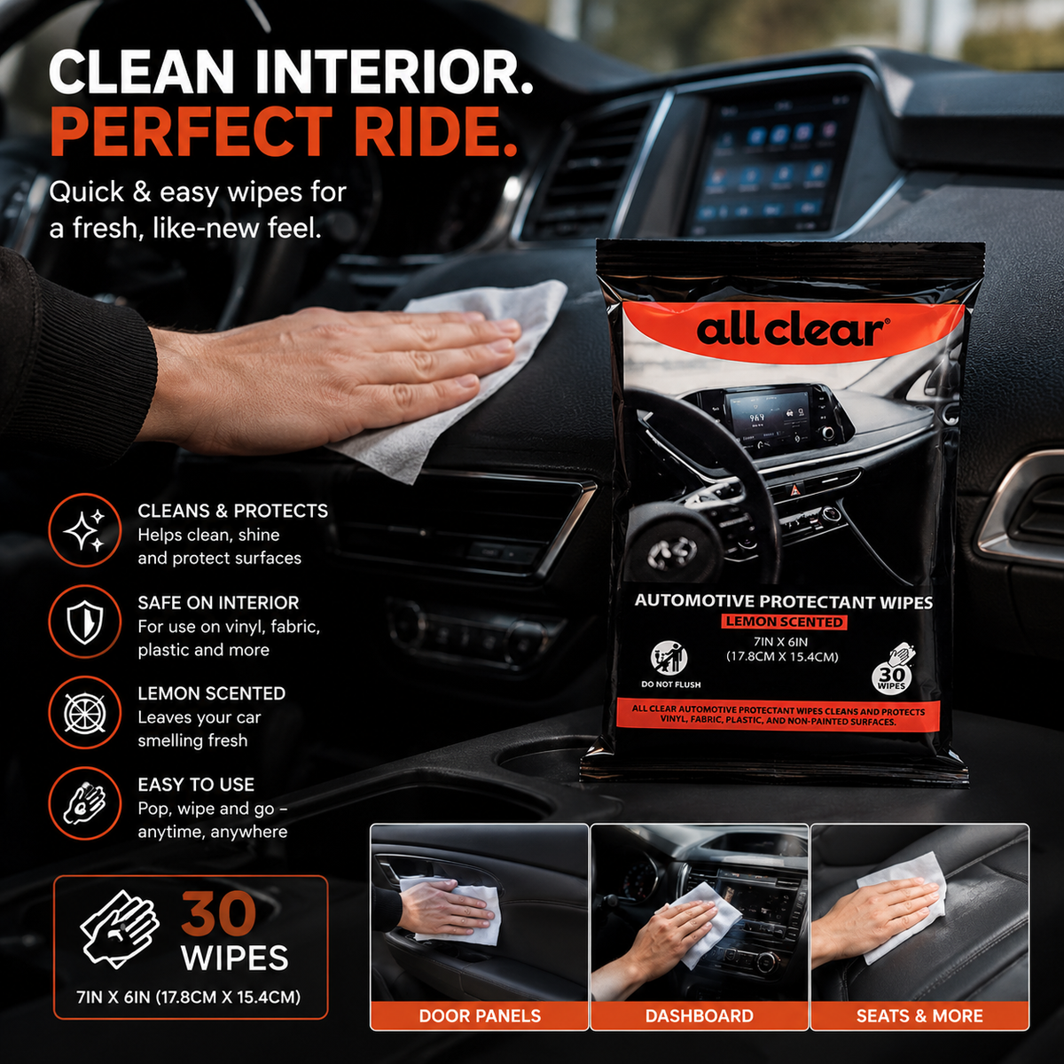 All Clear Automotive Protectant Wipes – Lemon Scented, 30 Count