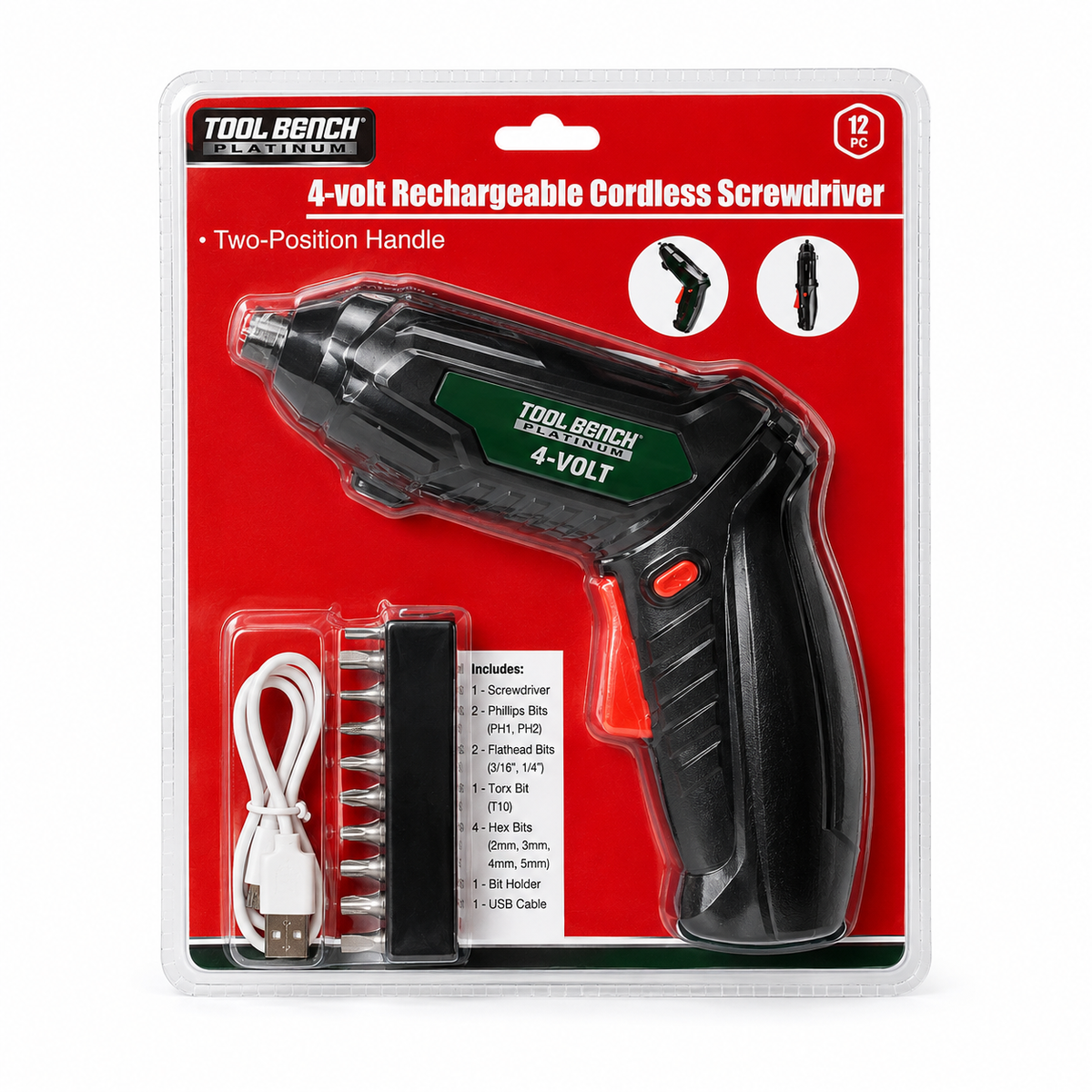 Tool Bench Platinum 4-Volt Rechargeable Cordless Screwdriver Kit – 12 Piece Set
